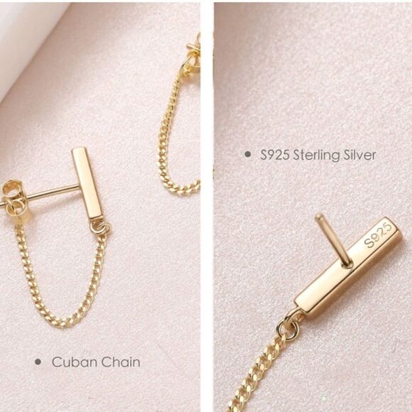 14k Gold/ Sterling Silver Cuban Chain Bar Earrings - Picture 3 of 15